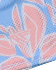 Close-up of RF-Wear Womens Floral Hawaiian Shorts in Blue/Pink with RF logo