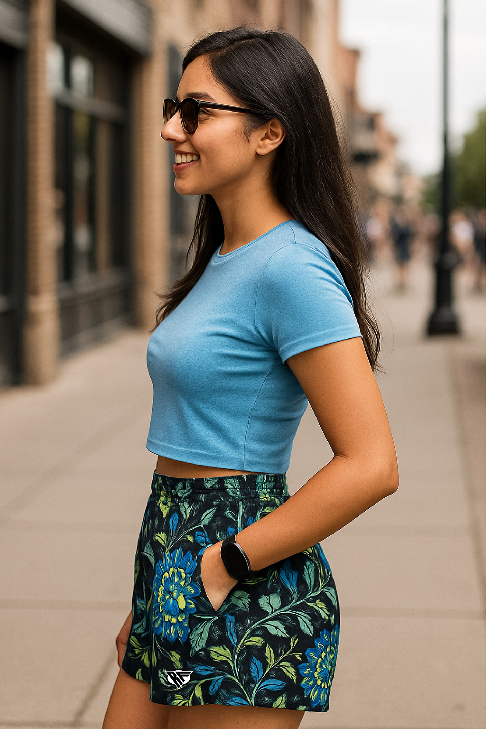 RF Wear Women's Floral Pocket Shorts - Black/Blue/Yellow - Model Side View