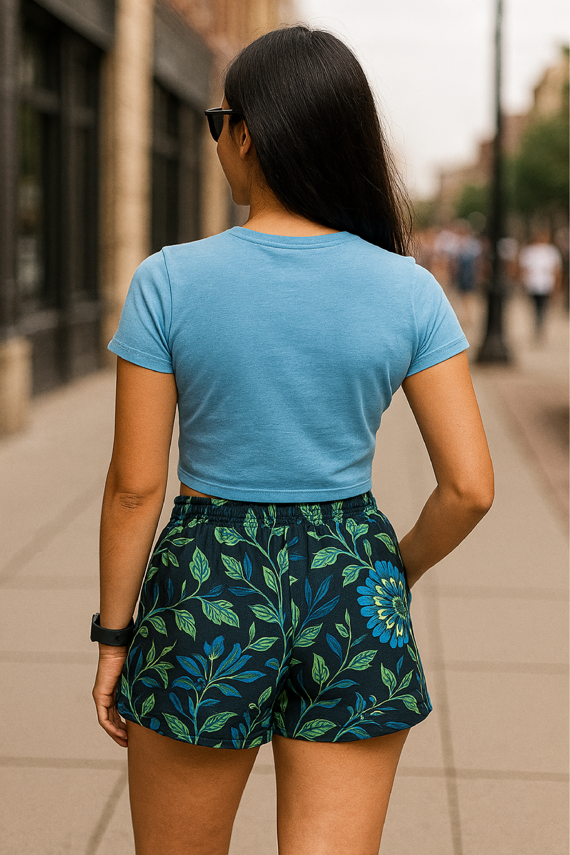 RF Wear Women's Floral Pocket Shorts - Black/Blue/Yellow - Model Back View