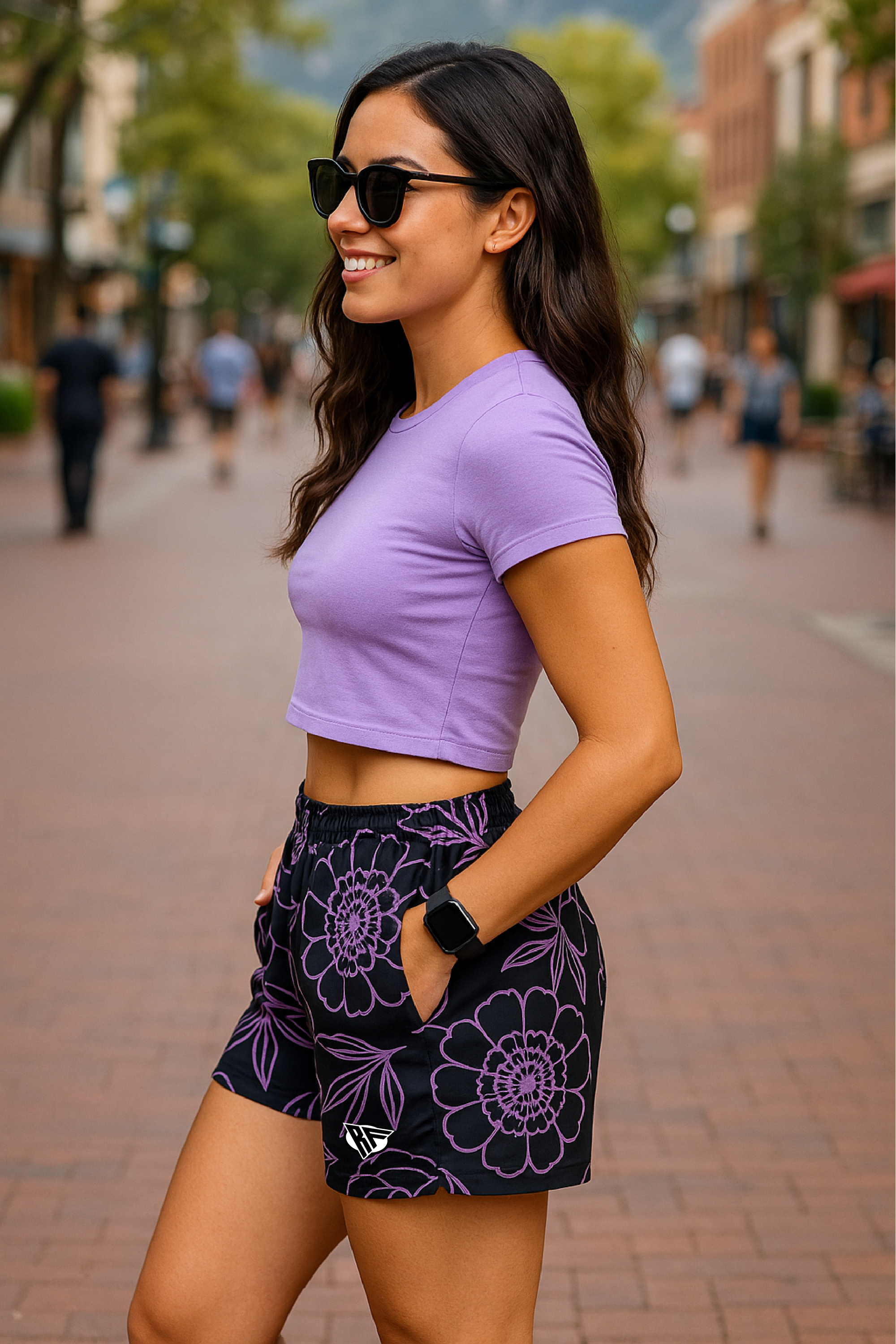 RF Wear Women's Floral Pocket Shorts - Black/Lavender - Model Side View