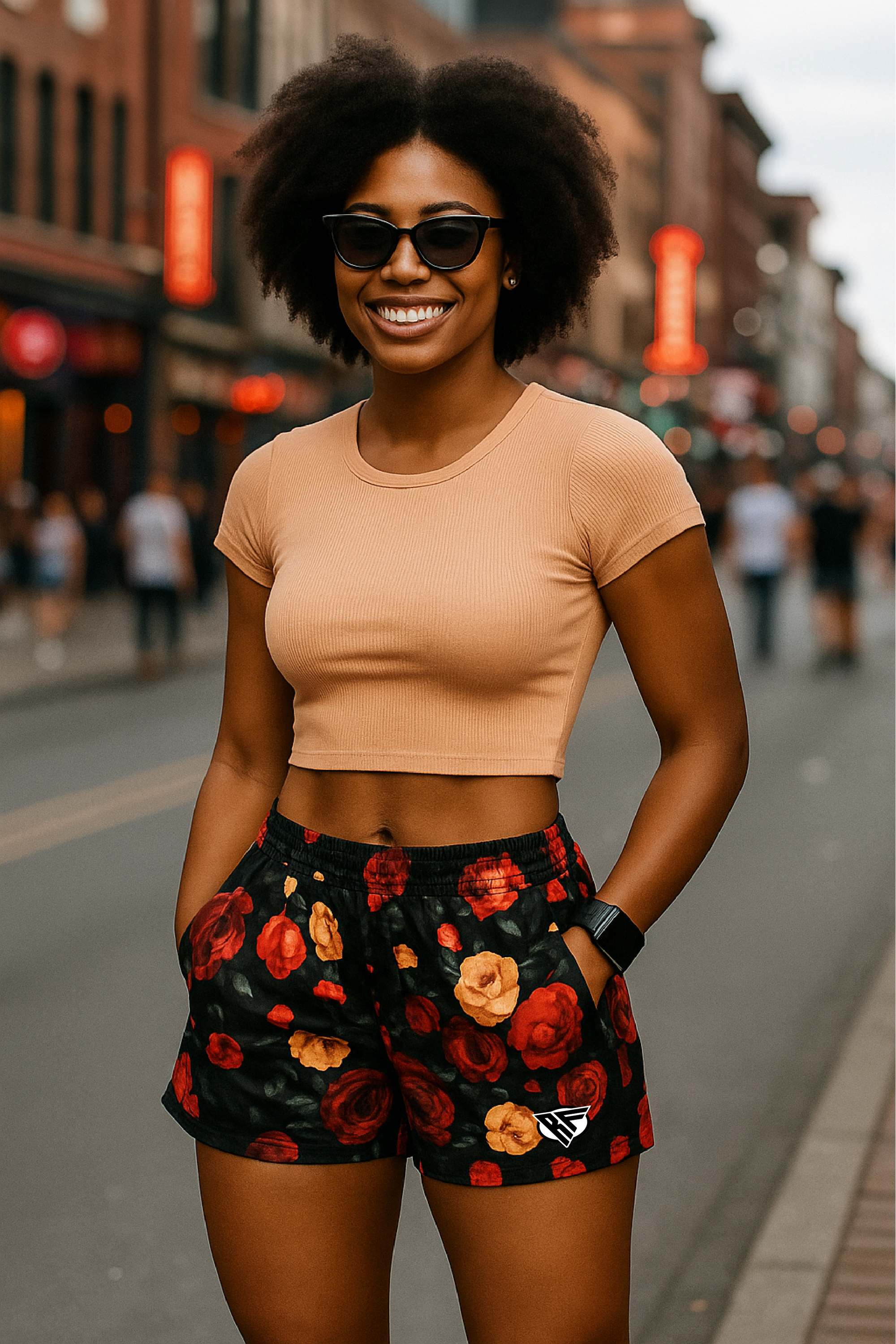 RF Wear Women's Floral Pocket Shorts - Black/Red/Peach - Model Front View