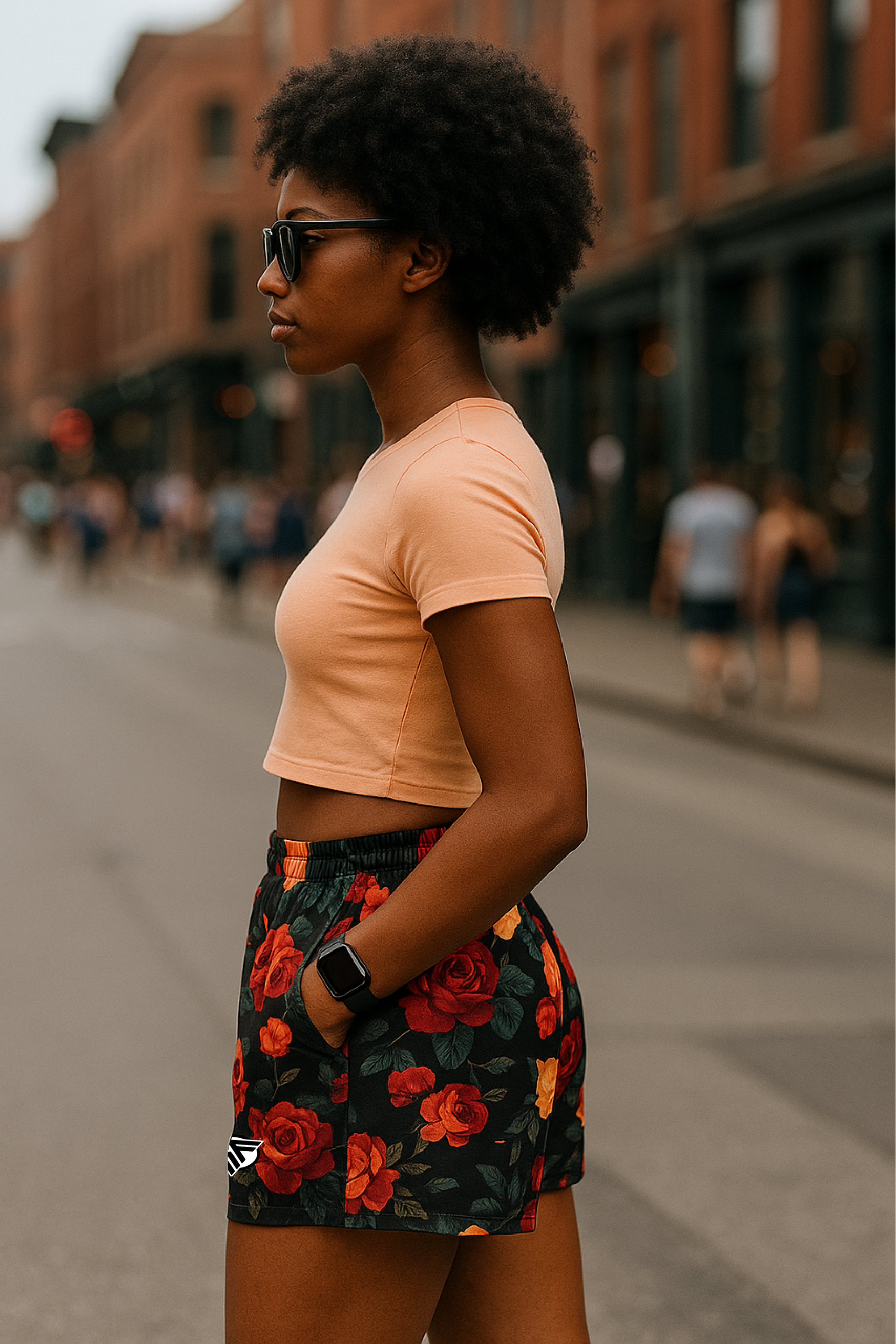 RF Wear Women's Floral Pocket Shorts - Black/Red/Peach - Model Side View