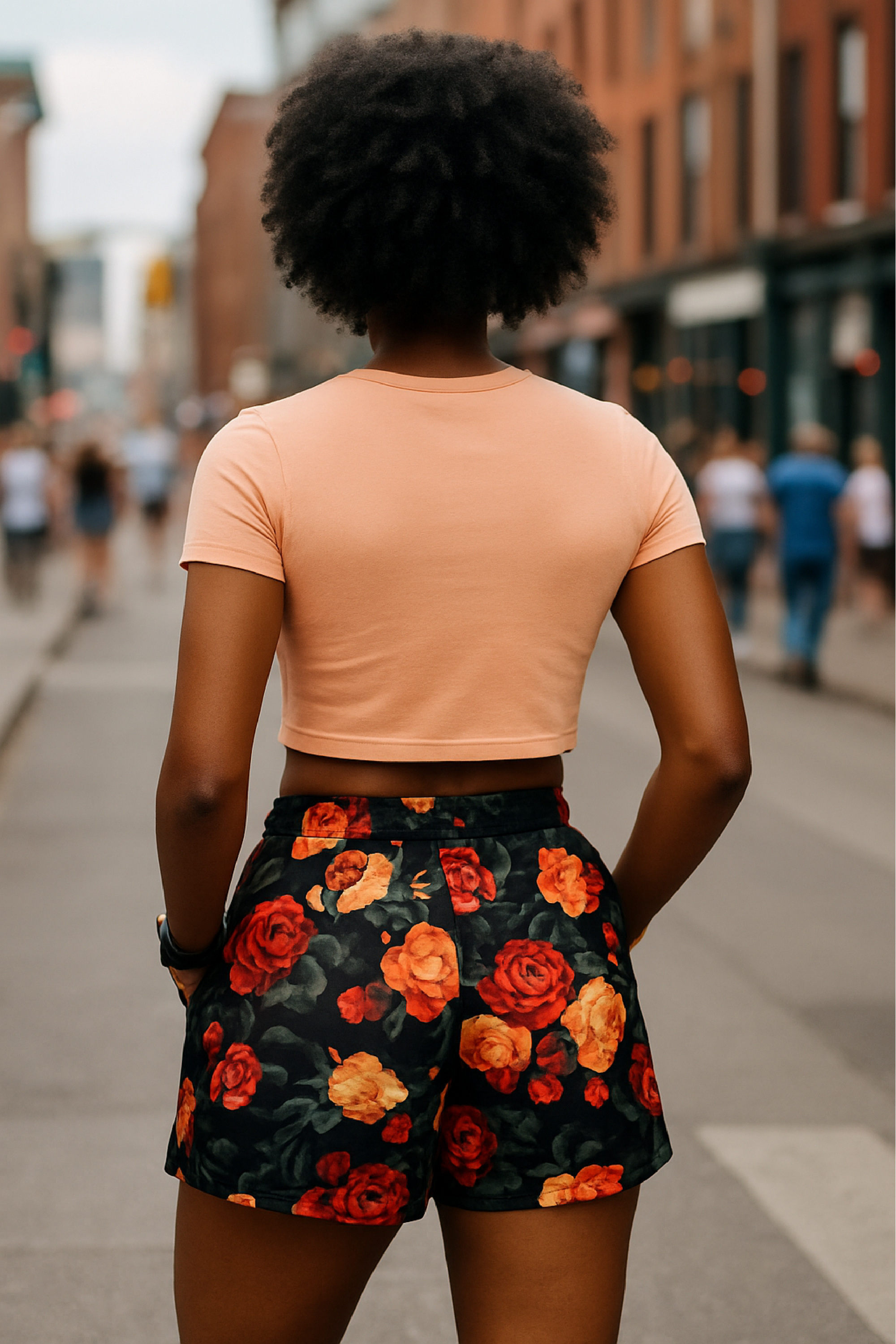 RF Wear Women's Floral Pocket Shorts - Black/Red/Peach - Model Back View