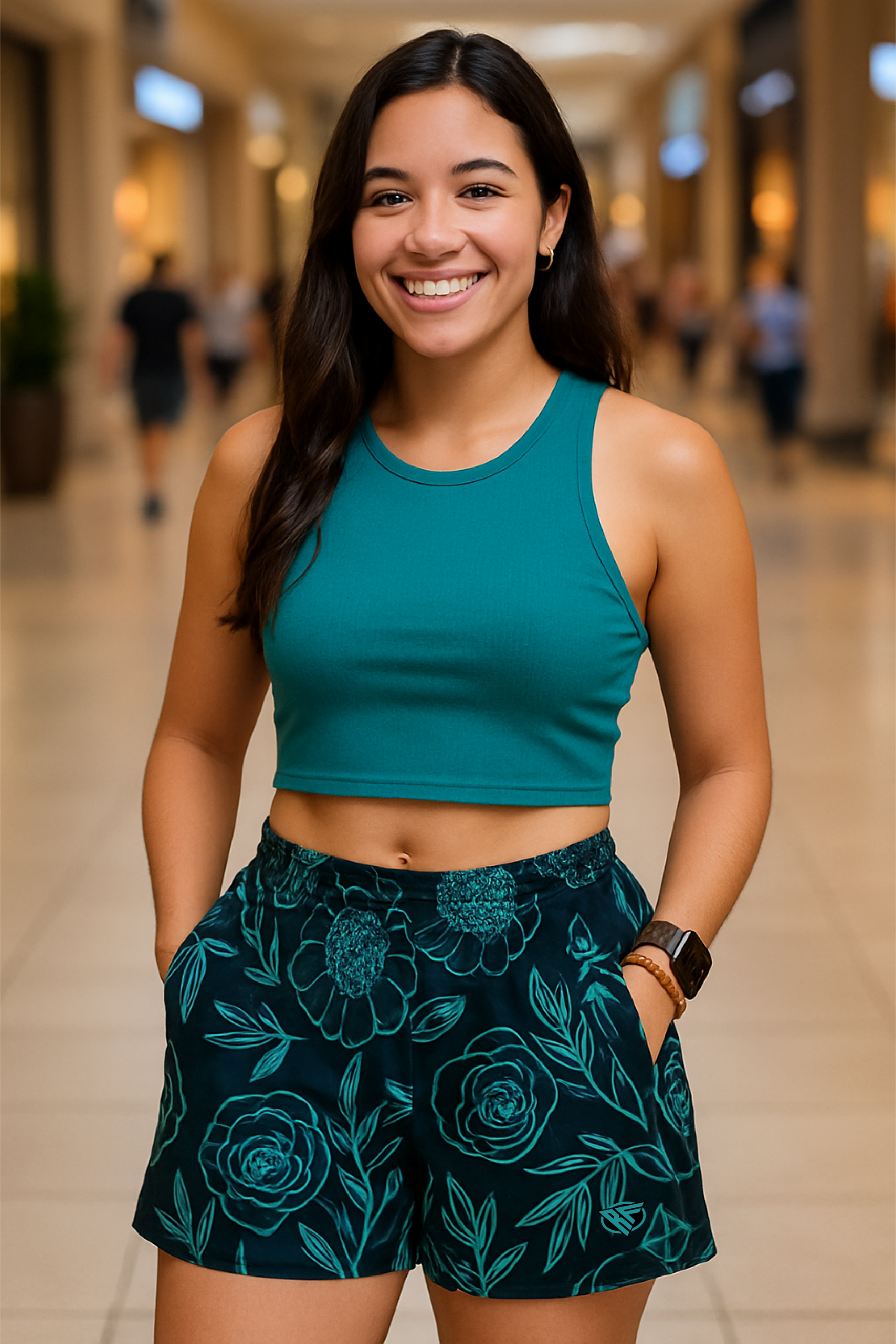 RF Wear Women's Floral Pocket Shorts - Black/Teal - Model Front View