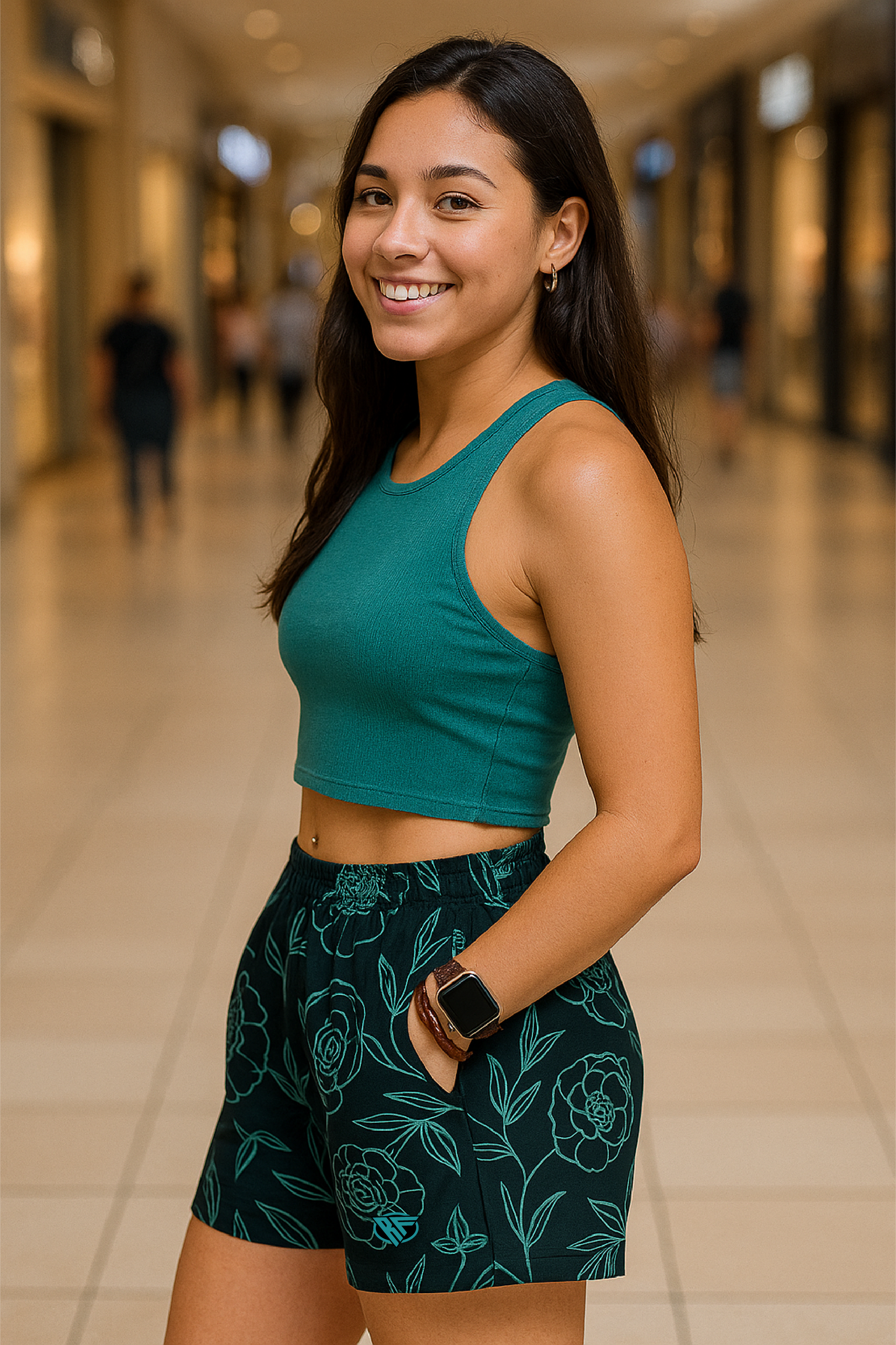 RF Wear Women's Floral Pocket Shorts - Black/Teal - Model Side View