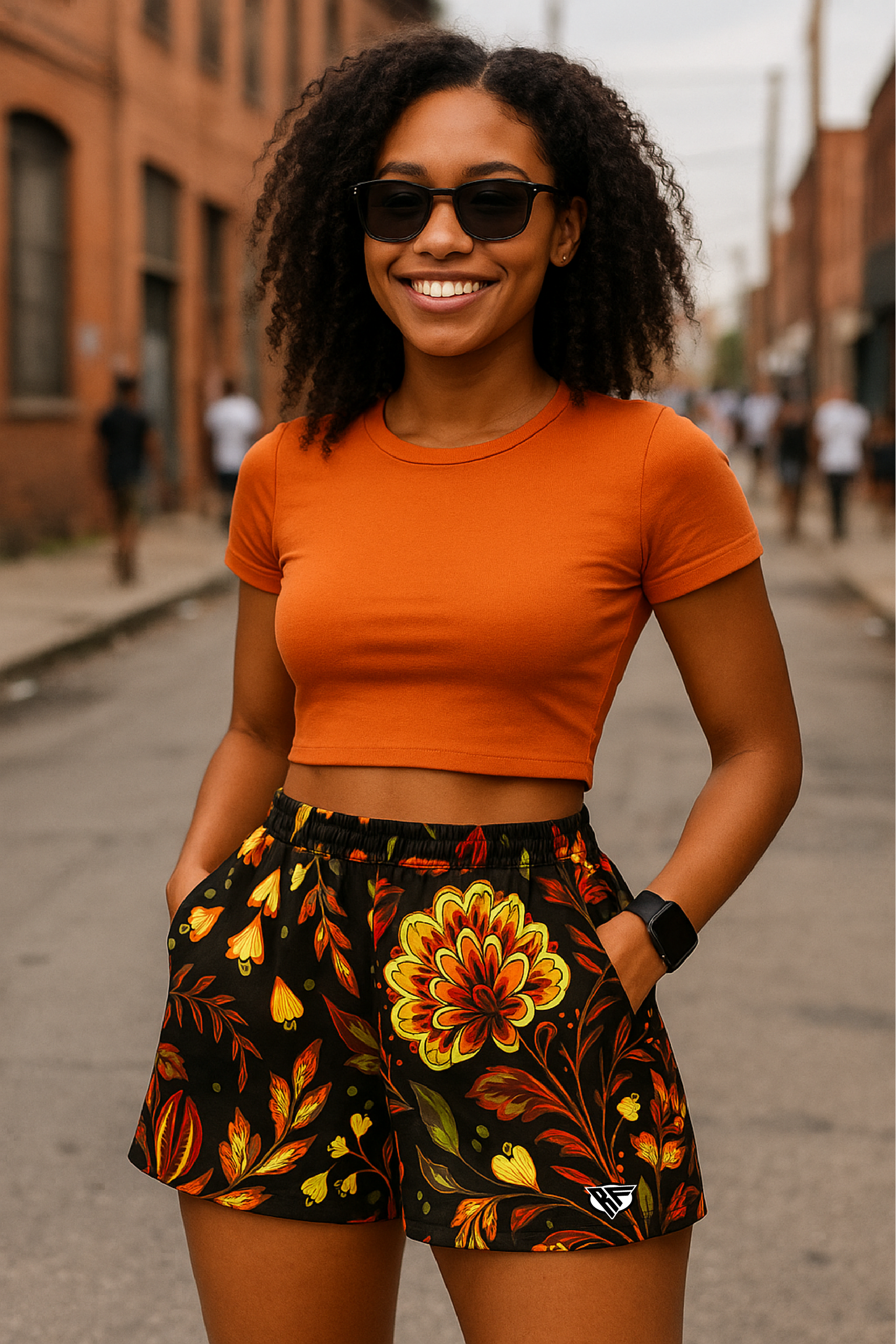 RF Wear Women's Floral Pocket Shorts - Black/Yellow/Orange - Model Front View
