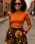 RF Wear Women's Floral Pocket Shorts - Black/Yellow/Orange - Model Front View