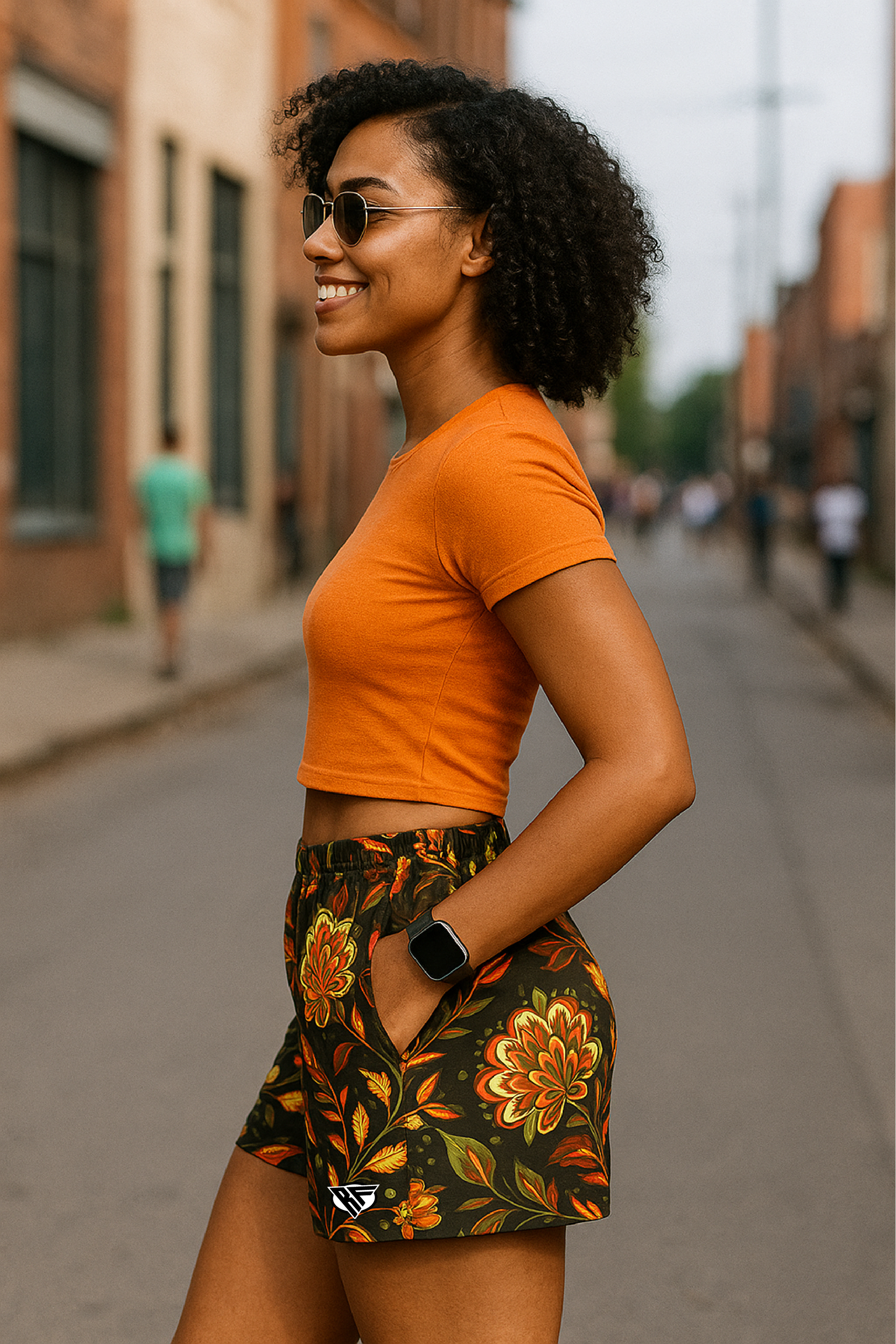 RF Wear Women's Floral Pocket Shorts - Black/Yellow/Orange - Model Side View