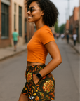RF Wear Women's Floral Pocket Shorts - Black/Yellow/Orange - Model Side View
