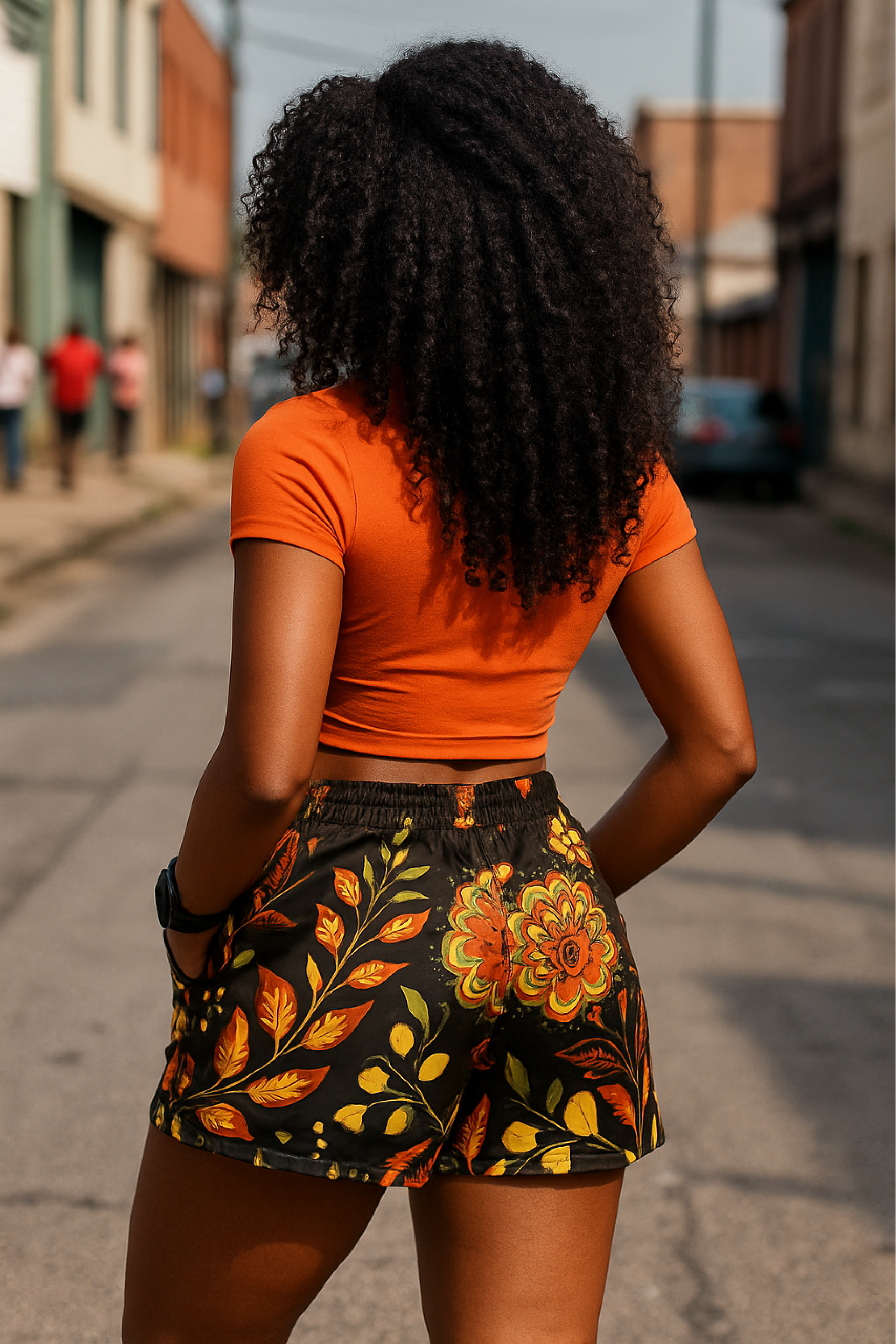RF Wear Women's Floral Pocket Shorts - Black/Yellow/Orange - Model Back View