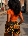 RF Wear Women's Floral Pocket Shorts - Black/Yellow/Orange - Model Back View