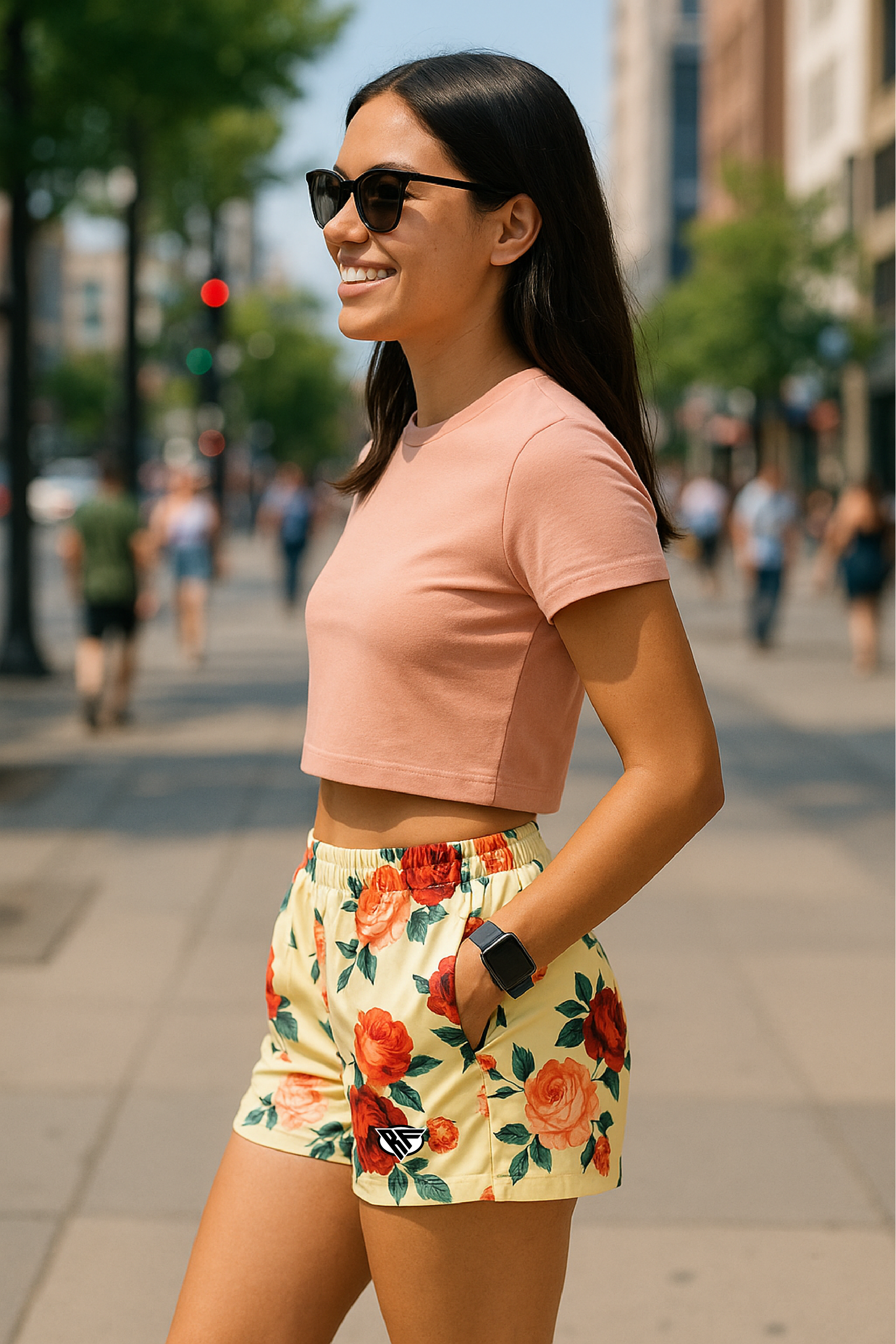 RF Wear Women's Floral Pocket Shorts - Cream/Red/Peach - Model Side View