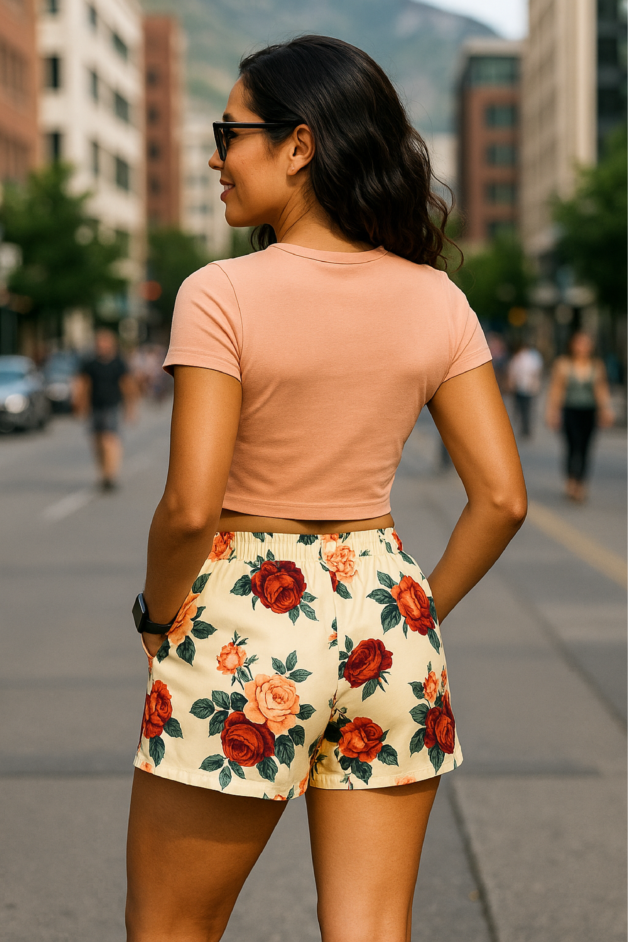 RF Wear Women's Floral Pocket Shorts - Cream/Red/Peach - Model Back View