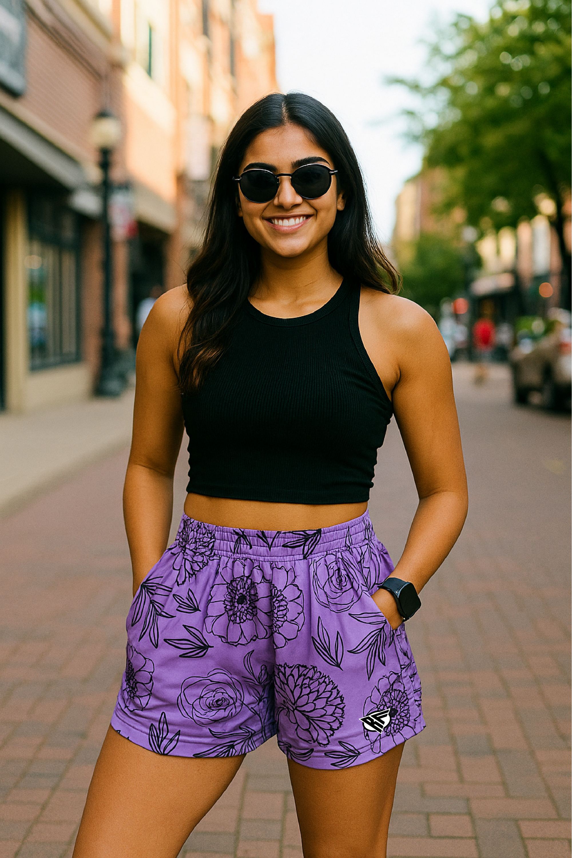 RF Wear Women's Floral Pocket Shorts - Lavender/Black -Model Front View