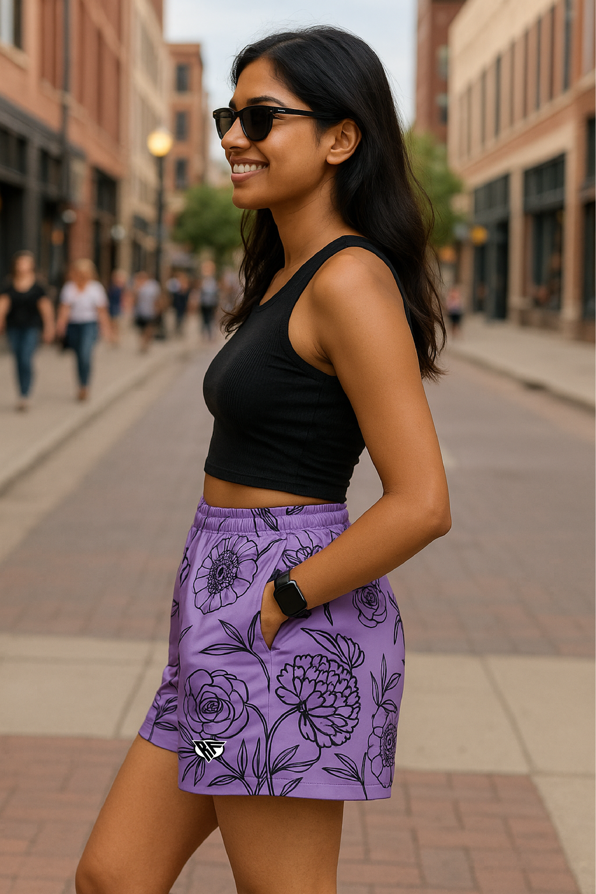 RF Wear Women's Floral Pocket Shorts - Lavender/Black -Model Side View