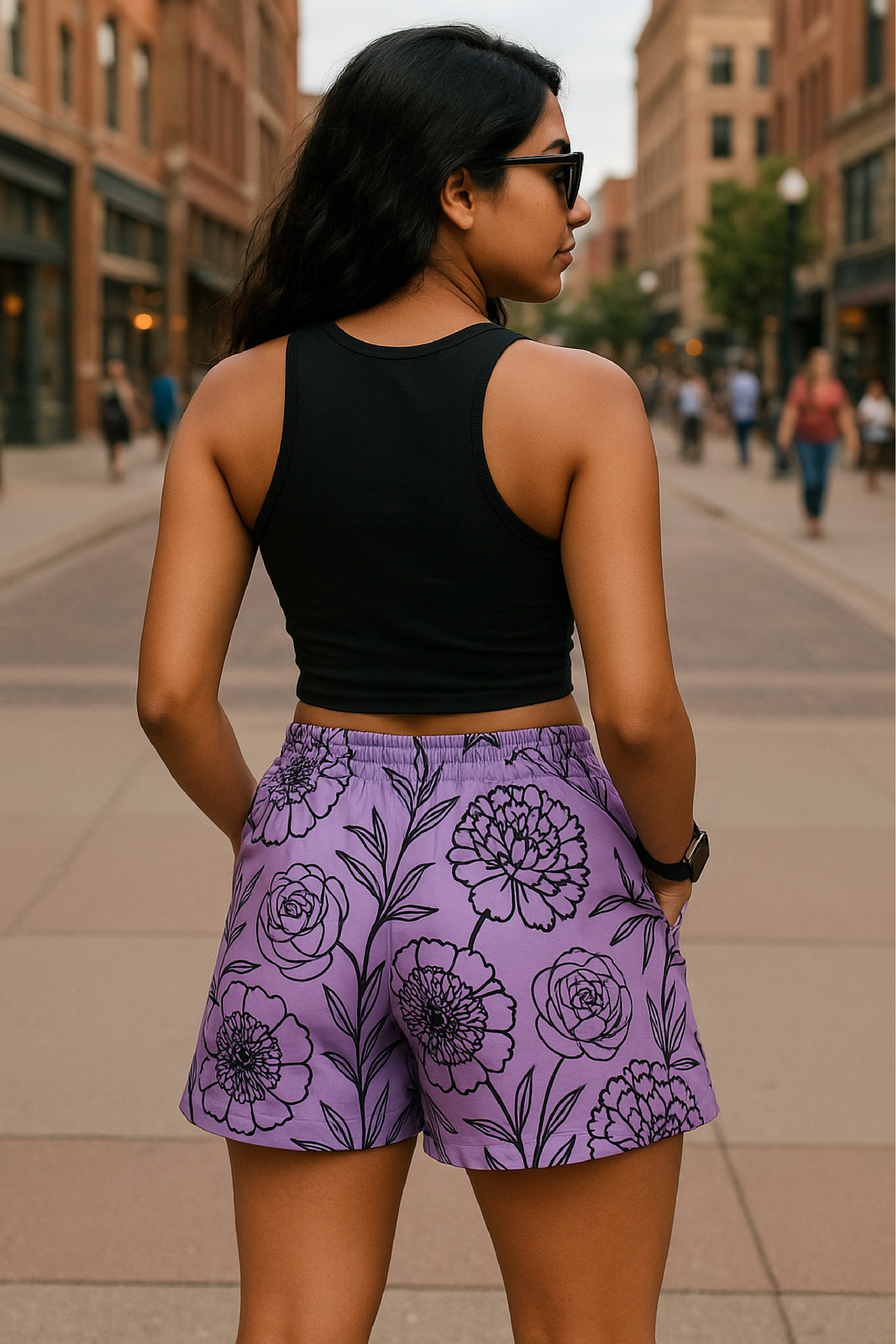 RF Wear Women's Floral Pocket Shorts - Lavender/Black -Model Back View