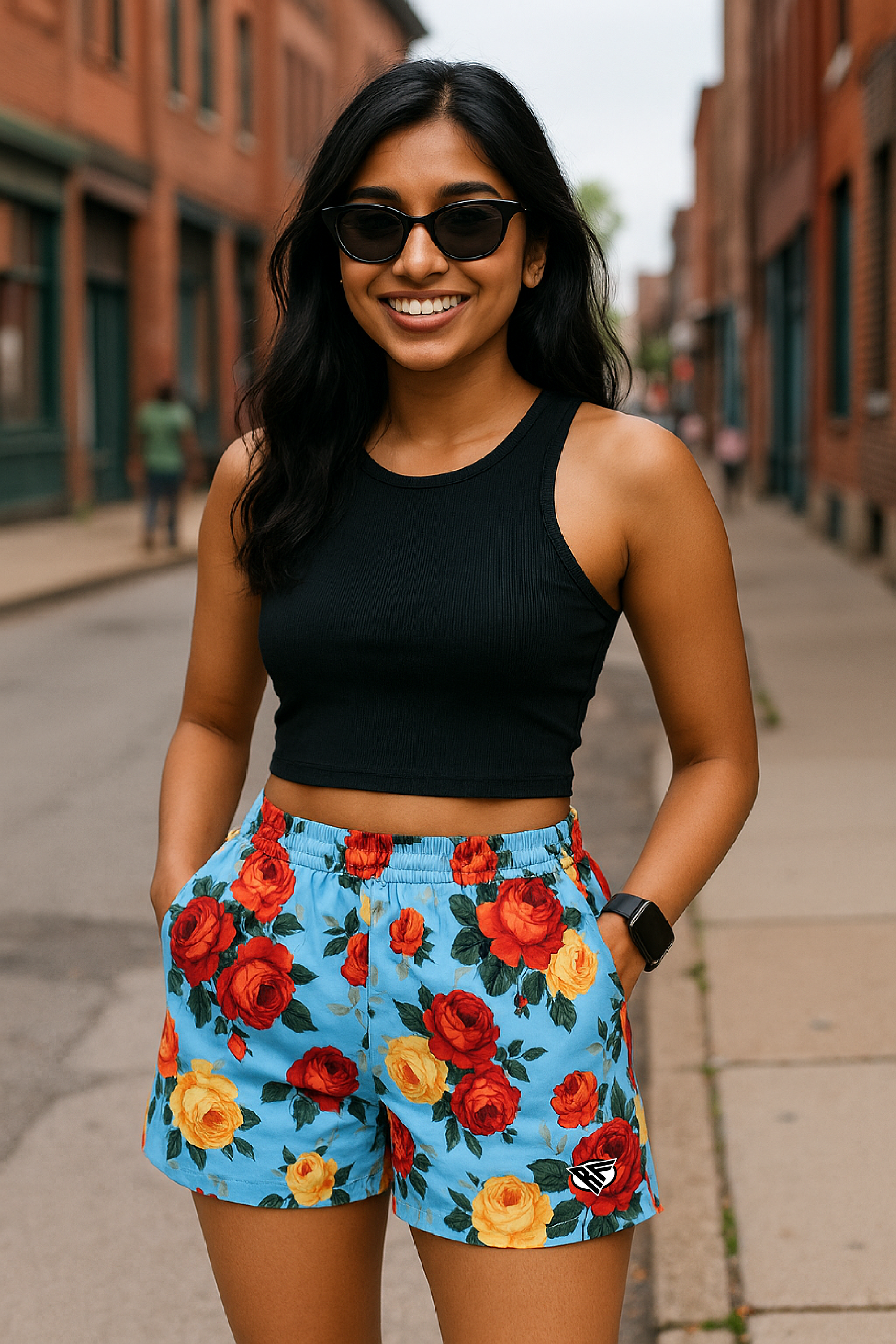 RF Wear Women's Floral Pocket Shorts - Sky-Blue/Red/Peach - Model Front View