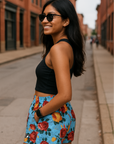 RF Wear Women's Floral Pocket Shorts - Sky-Blue/Red/Peach - Model Side View