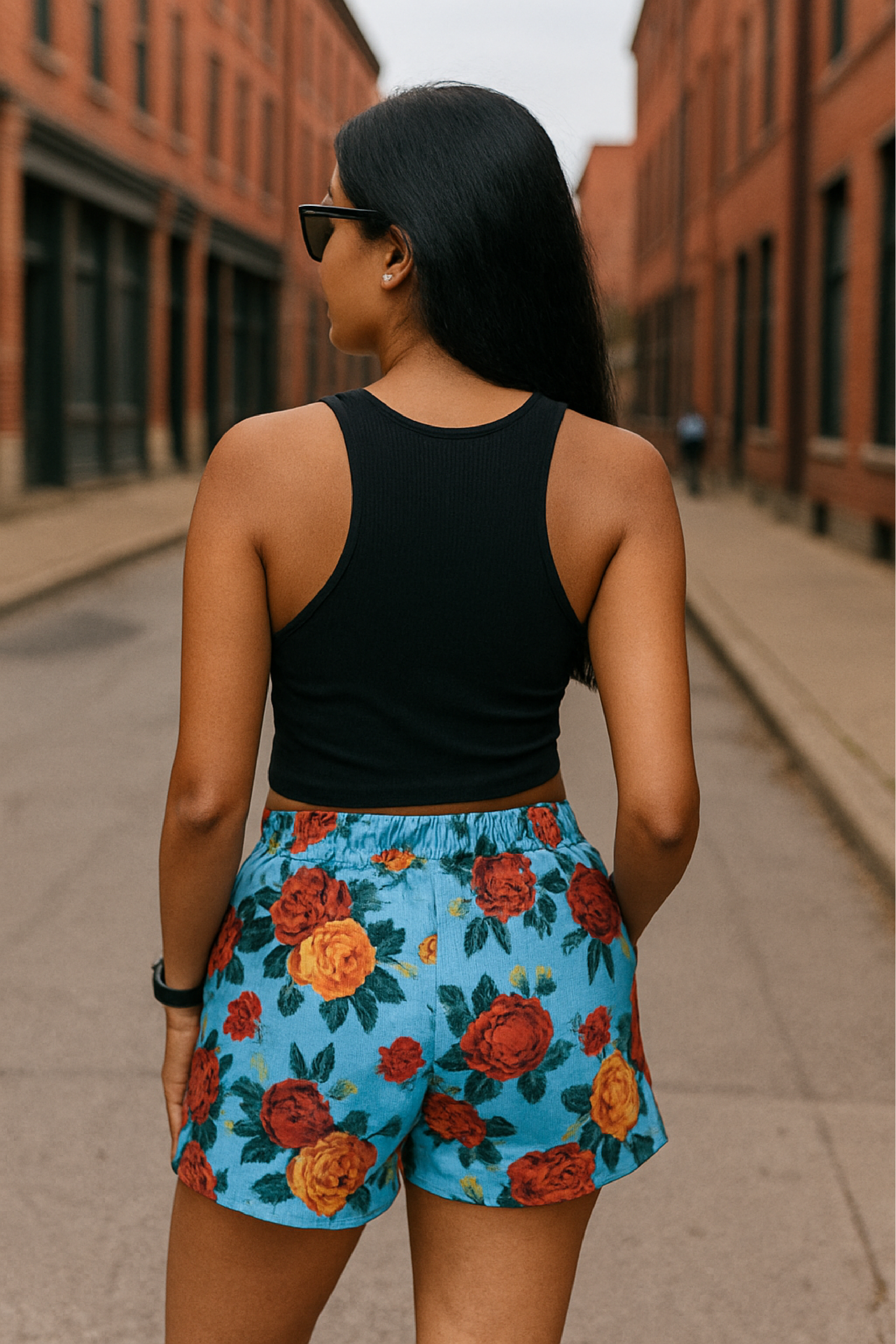 RF Wear Women's Floral Pocket Shorts - Sky-Blue/Red/Peach - Model Back View
