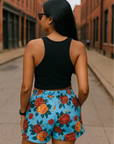 RF Wear Women's Floral Pocket Shorts - Sky-Blue/Red/Peach - Model Back View