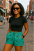 RF Wear Women's Floral Pocket Shorts - Teal/Black - Model Front View
