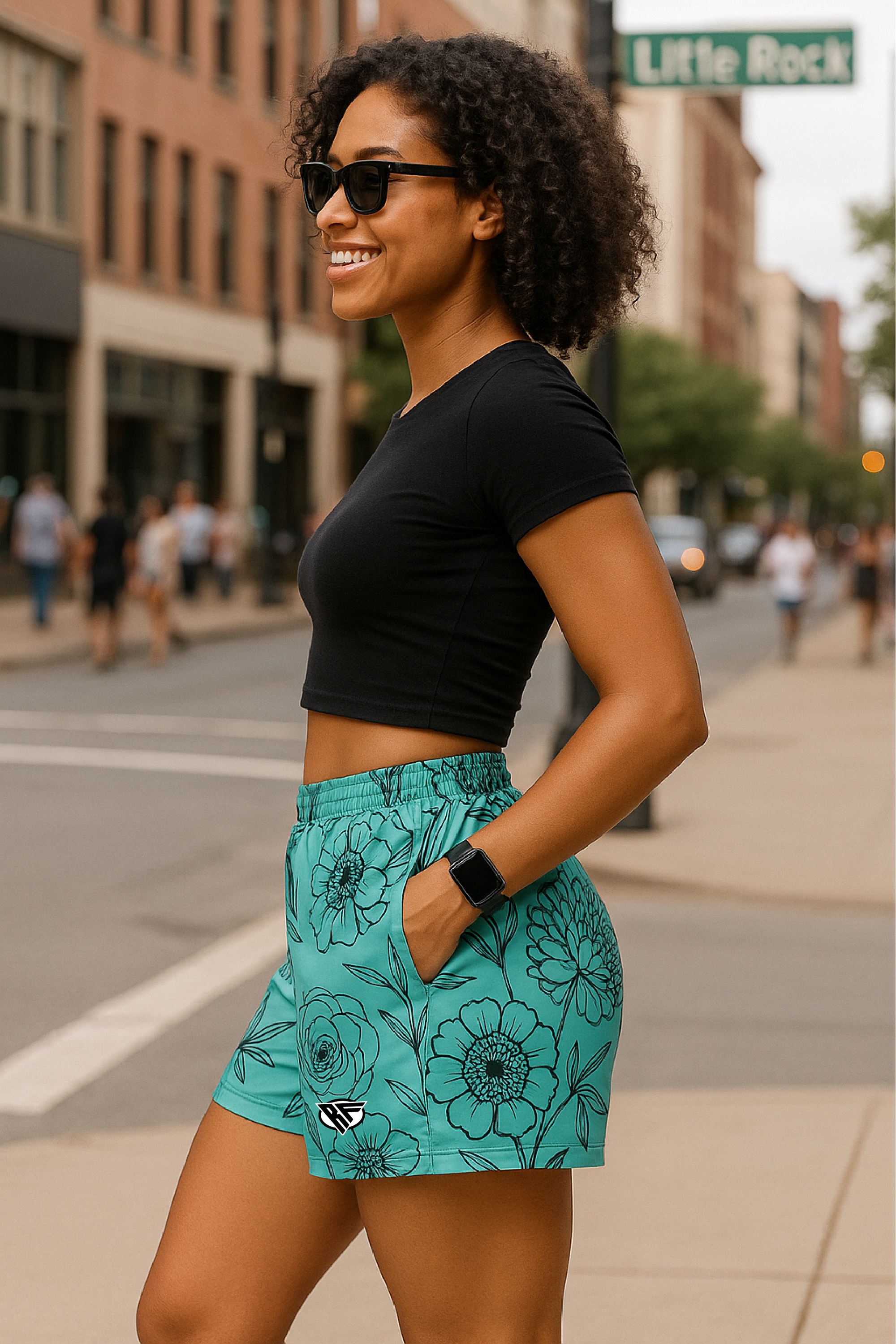 RF Wear Women's Floral Pocket Shorts - Teal/Black - Model Side View