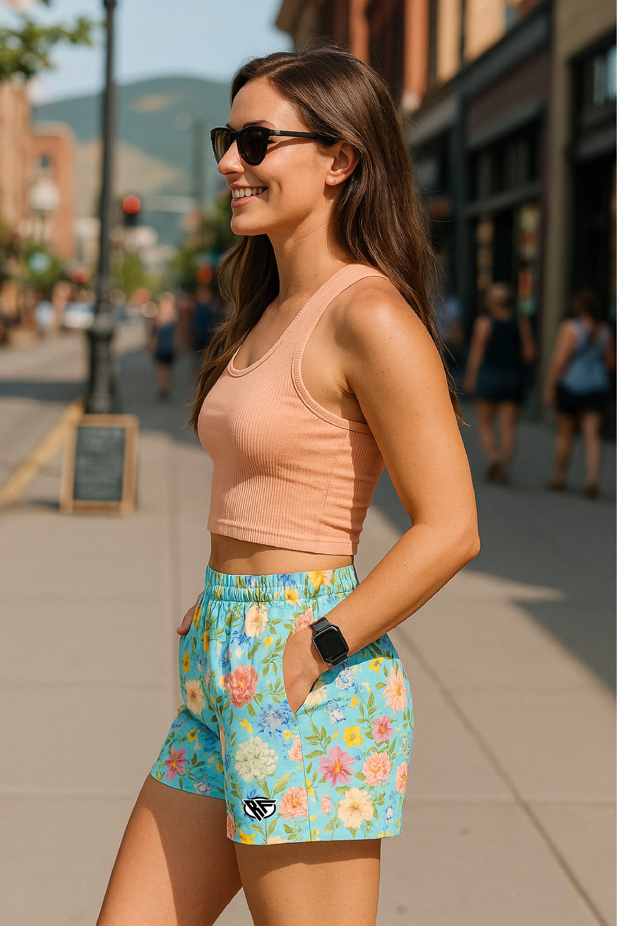 RF Wear Women's Floral Pocket Shorts - Teal/Multicolor - Model Side View