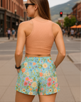 RF Wear Women's Floral Pocket Shorts - Teal/Multicolor - Model Back View