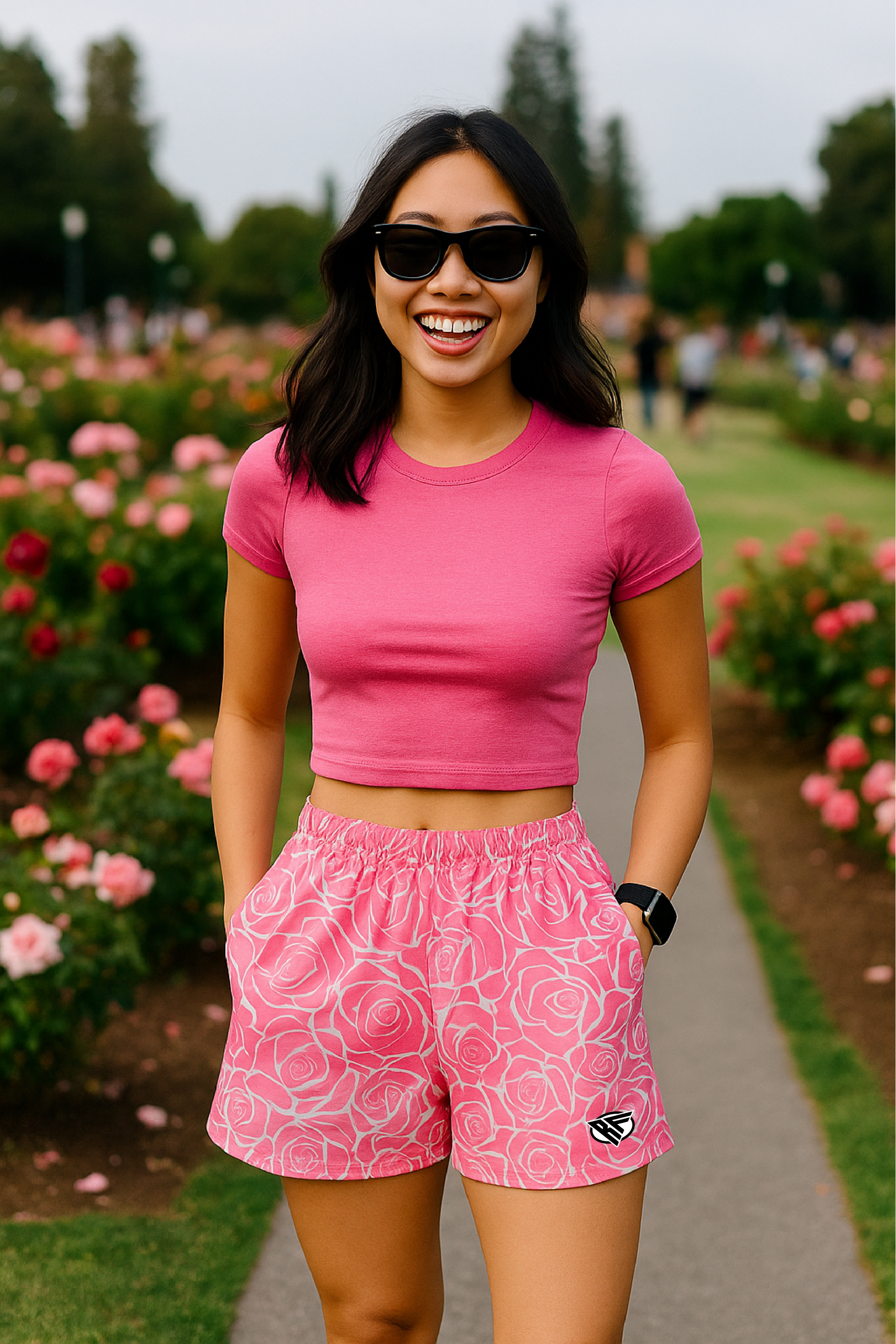 RF Wear Women's Floral Rose Pocket Shorts - Pink - Model Front View