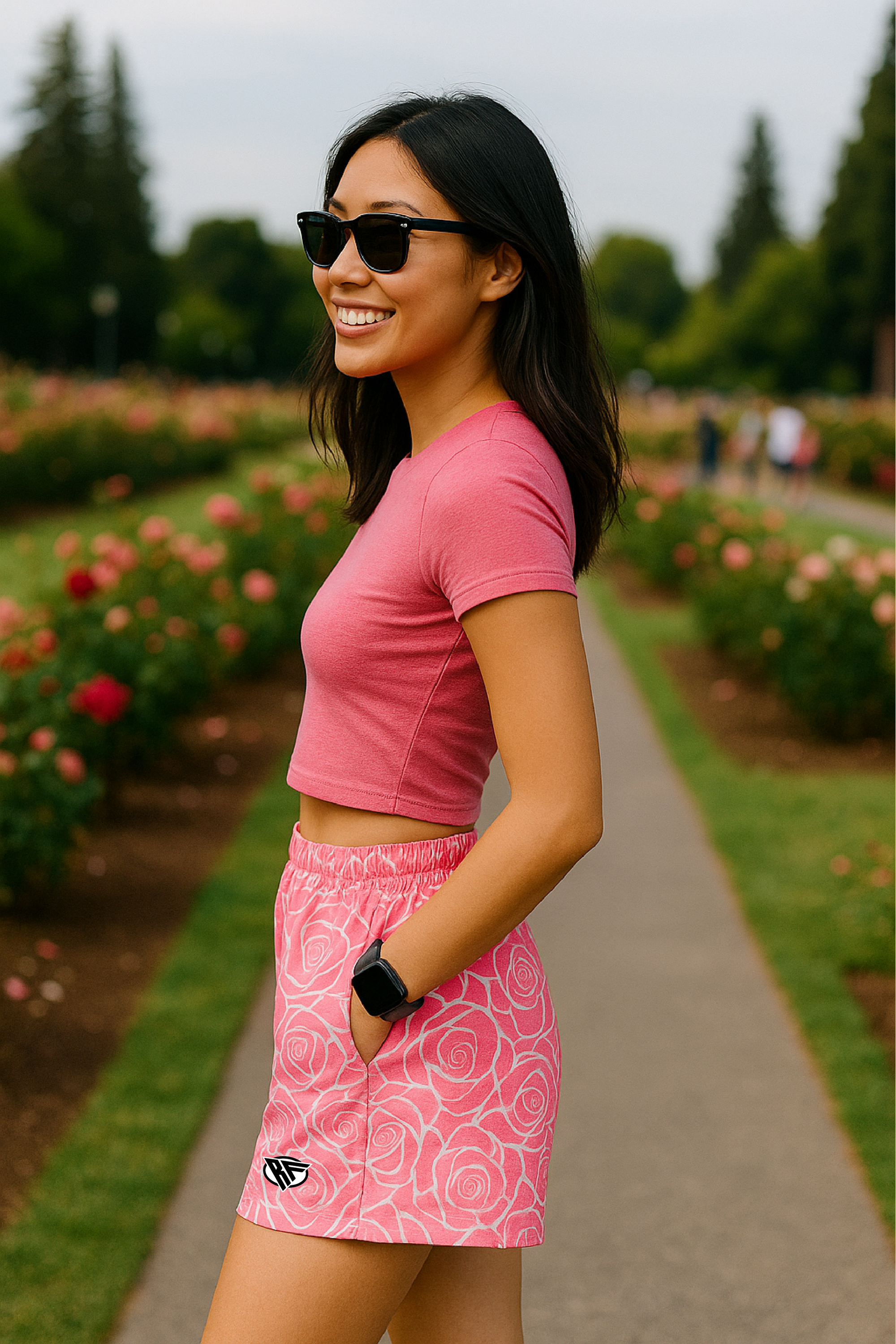 RF Wear Women's Floral Rose Pocket Shorts - Pink - Model Side View