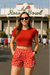 RF Wear Women's Floral Rose Pocket Shorts - Red - Model Front View