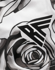 Close-up of RF-Wear Floral Rose Shorts in Grey/White with RF logo