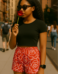 RF Wear Women's Floral Rose Shorts - Red - Model Front View