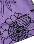 Close-up of RF-Wear Women's Floral Shorts in Lavender/Black with RF logo
