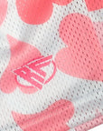 Close-up of RF-Wear Men's Mesh Heart Shorts - White/Pink with RF logo