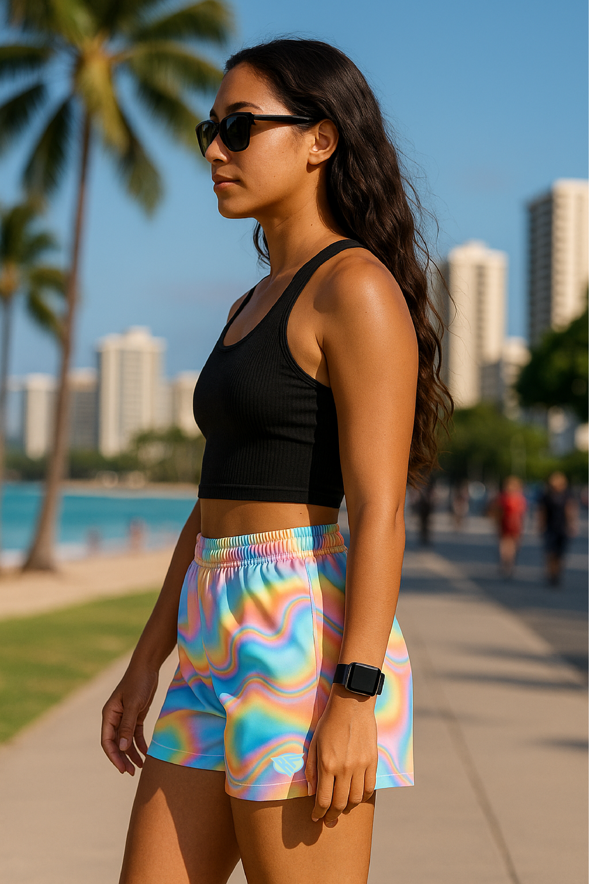 RF Wear Women's Holographic Shorts - Model Side View