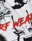 Close-up of RF-Wear Women's Horror Faces Shorts in White/Black with RF WEAR logo in red