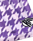 Close-up of RF-Wear women's houndstooth shorts in Lavender with RF logo