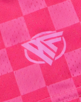 Close-up of RF-Wear Women's Mesh Checkered Shorts in Fuchsia with RF logo