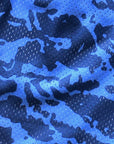 Close-up of RF-Wear Women's Mesh Tiger Camo Shorts in Blue
