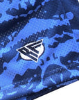 Close-up of RF-Wear Women's Mesh Tiger Camo Shorts in Blue with RF logo