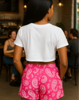 RF Wear Women's Paisley Pocket Shorts - Fuchsia/White - Model Back View