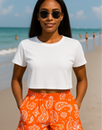 RF Wear Women's Paisley Pocket Shorts - Orange/White - Model Front View