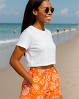 RF Wear Women's Paisley Pocket Shorts - Orange/White - Model Side View