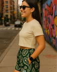 RF Wear Women's Paisley Pocket Shorts - Pine-Green/Cream - Model Side View