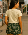 RF Wear Women's Paisley Pocket Shorts - Pine-Green/Cream - Model Back View