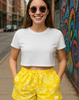RF Wear Women's Paisley Pocket Shorts - Yellow/White - Model Front View