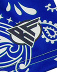 Close-up of women's blue/white paisley shorts with brand logo