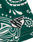 Close-up of RF-Wear Women's Paisley Shorts in Green/White with RF logo