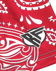 close-up women's red/white paisley print with brand logo